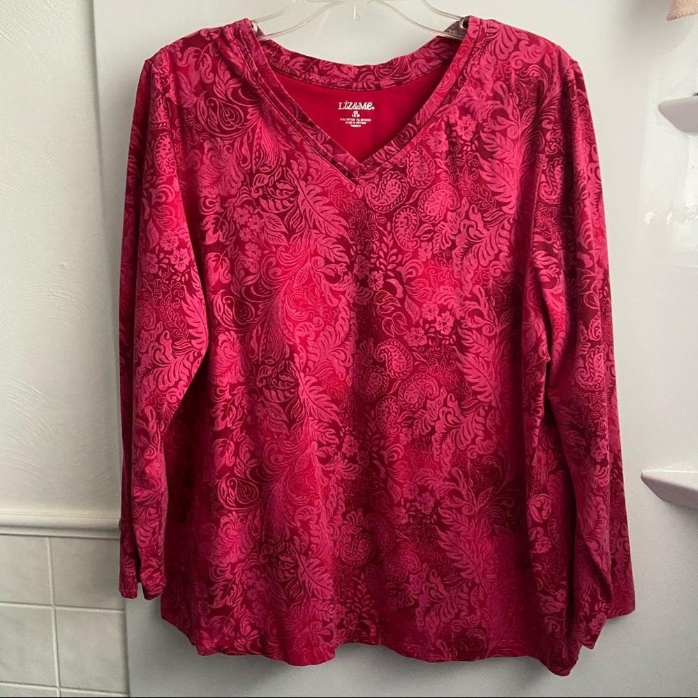 Liz & Me  OX (16W) Cranberry V-Neck Long Sleeve Cotton/Spandex Jersey Knit Top
